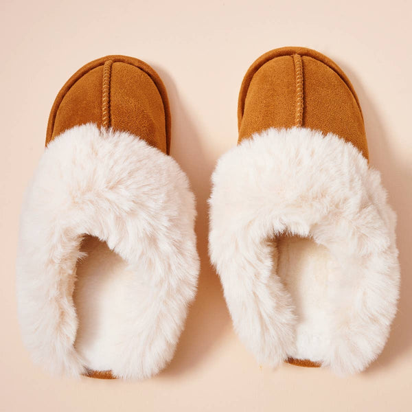Lilla Haven - Sherpa Fur Trimmed Home Slippers: Camel / Large / 4DL98026