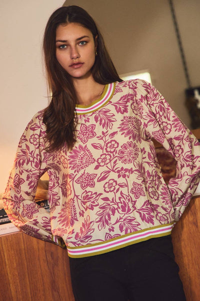 Oddi - Floral Print Knit Top: Navy Wave / S