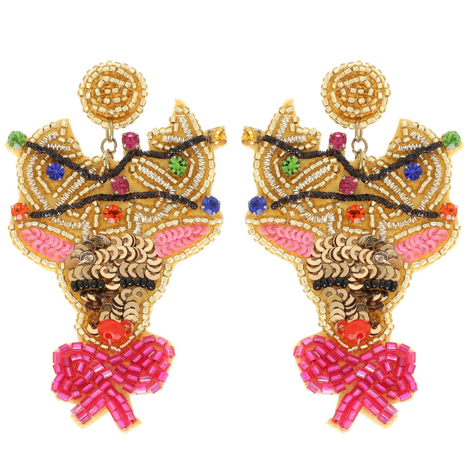 Sophia Collection - Christmas Reindeer Bead Embroidered Earrings : Pink
