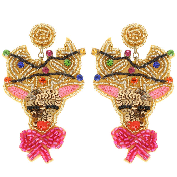 Sophia Collection - Christmas Reindeer Bead Embroidered Earrings : Pink