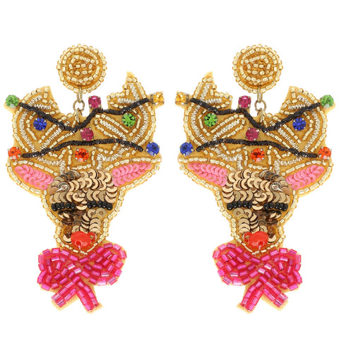 Sophia Collection - Christmas Reindeer Bead Embroidered Earrings : Pink