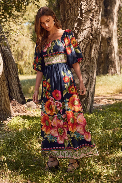 Oddi - Plus Giant Floral Border Printed Maxi Dress: Navy Multi / 2XL