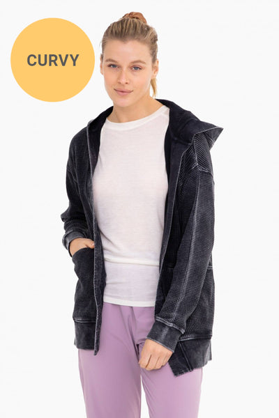 Mono B - CURVY Waffle Knit Mineral-Washed Cardigan: BLACK / 1XL:2XL:3XL (2:2:2)