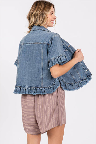 GeeGee Clothing - Ruffled Denim Jacket, MJ50563: Denim / L
