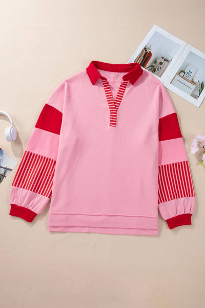 66DISCO - Plus Size Striped Patchwork V Neck Sweatshirt: Pink / Plus Size / 1X