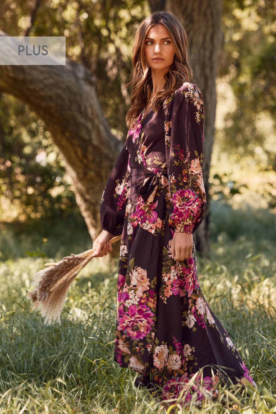 Oddi - Plus Floral Printed Wrapped Midi Dress: Brown Multi / XL