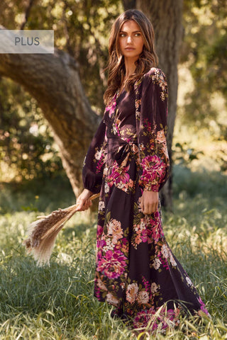 Oddi - Plus Floral Printed Wrapped Midi Dress: Brown Multi / 3XL