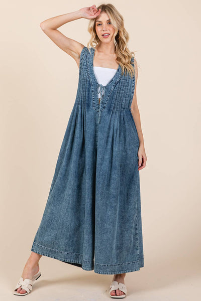 GeeGee Clothing - Plus Denim Pleated Jumpsuit, OR51131PL: Denim / 2XL