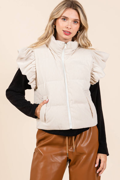 GeeGee Clothing - Corduroy Ruffled Sleeve Puffer Vest, MJ50697: Cream / S