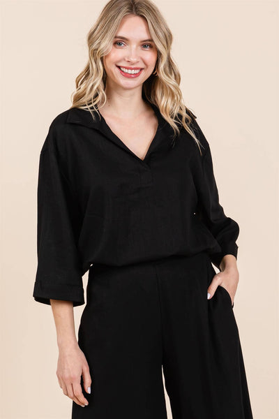 GeeGee Clothing - Sheer Linen Loose Fit Shirt: WT61330: Black / L