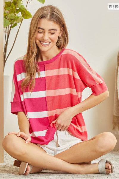 Pink Coral Colorblock Striped Sweater