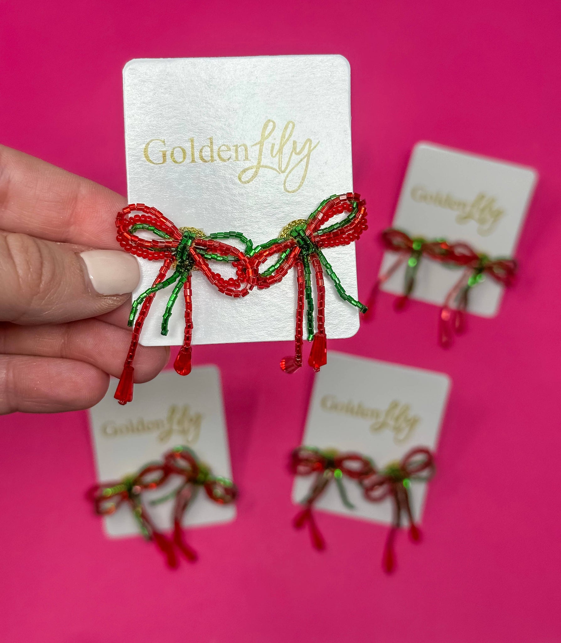 Golden Lily - Christmas Mini Bow Earrings - Red and Green