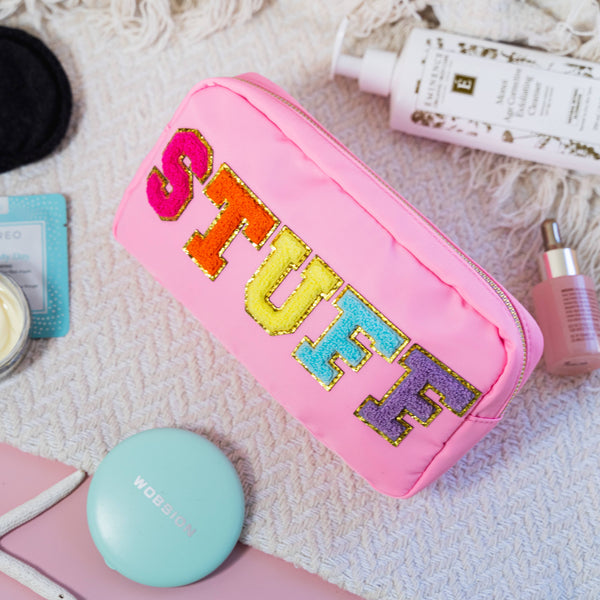 Natalia - Preppy Nylon Chenille Letter Travel Makeup Pouch - STUFF