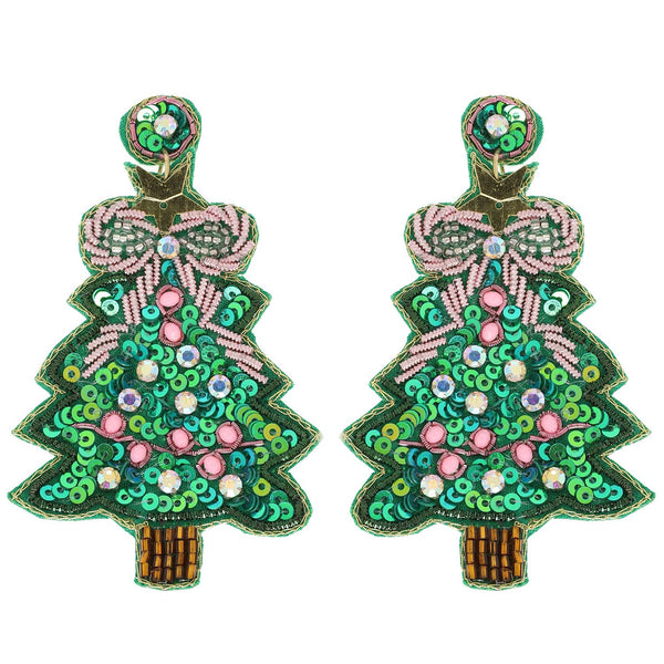 Sophia Collection - Christmas Tree Sequins Embroidered Earrings : Green