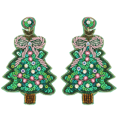 Sophia Collection - Christmas Tree Sequins Embroidered Earrings : Green