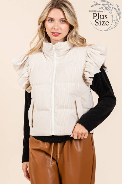 GeeGee Clothing - Plus Corduroy Ruffled Sleeve Puffer Vest, MJ50697PL: Cream / 1XL