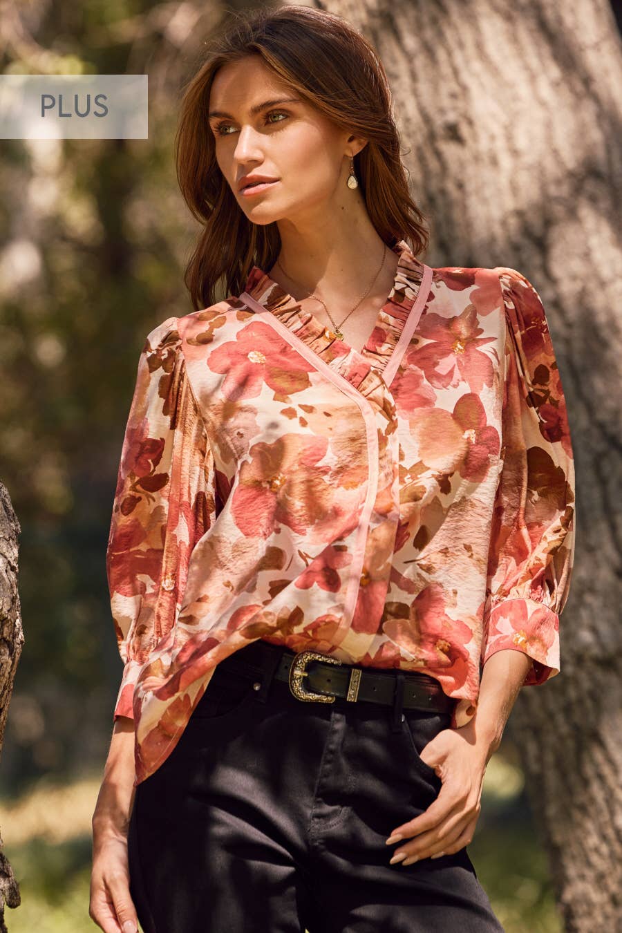 Oddi - Plus Crinkled Floral Printed Blouse: Cranberry / Plus Size / XL
