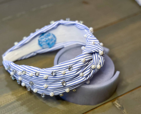 OBX Prep - Sydney Striped Blue White Spring Pearl Rhinestone Headband