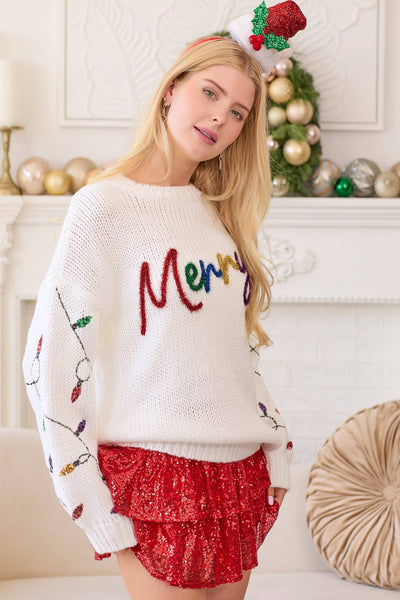 Main Strip - Merry Sweater Sequined Christmas Light Sleeves: WHITE / S