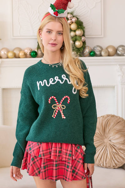 Main Strip - Merry Embroidered Holiday Sweater: HUNTER GREEN / L