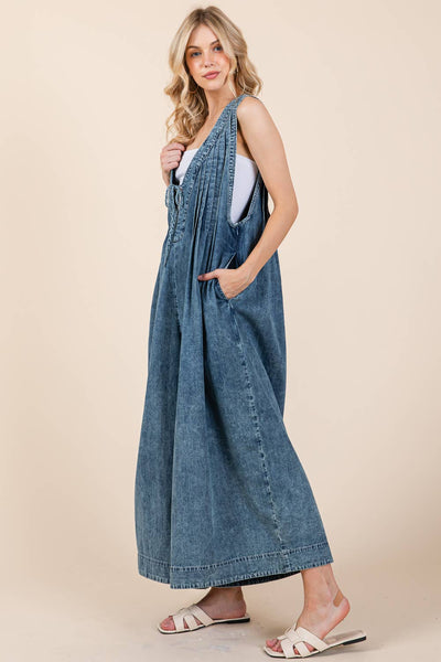 GeeGee Clothing - Plus Denim Pleated Jumpsuit, OR51131PL: Denim / 2XL