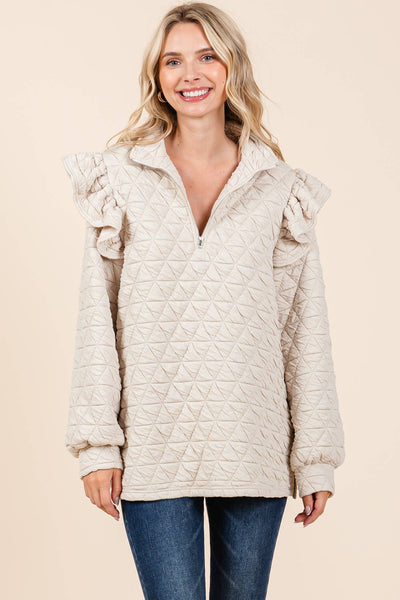 GeeGee Clothing - Quilted Half-Zip Pullover Top, MT50766: Cream / S