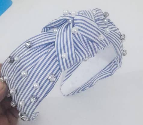 OBX Prep - Sydney Striped Blue White Spring Pearl Rhinestone Headband