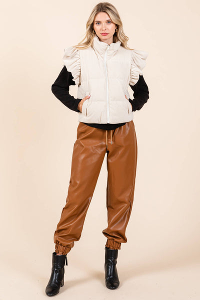 GeeGee Clothing - Corduroy Ruffled Sleeve Puffer Vest, MJ50697: Cream / M