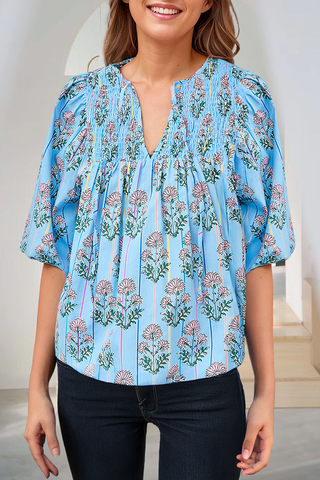 66DISCO - Floral Striped Print Tie Shirred Splie Neck Blouse (S-XL): Blue / Missy / M