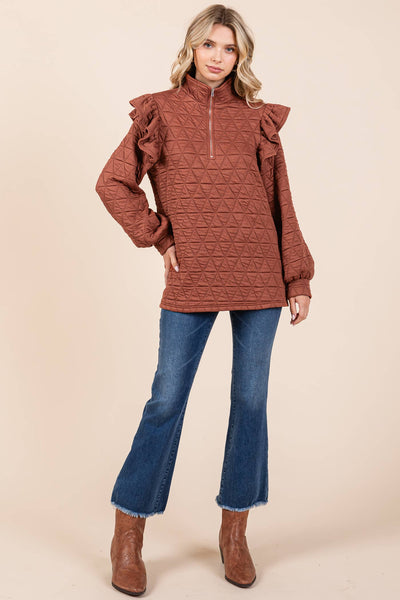 GeeGee Clothing - Quilted Half-Zip Pullover Top, MT50766: Cream / M