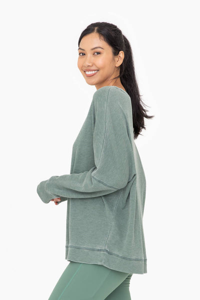Mono B - Waffle Ribbed Roundneck Pullover: DARK BASIL / S:M:L (2:2:2)