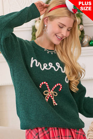 Main Strip - Merry Sweater With 3D Candy Cane Embroidery: HUNTER GREEN / 2XL