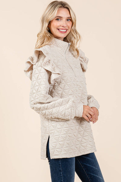 GeeGee Clothing - Quilted Half-Zip Pullover Top, MT50766: Cream / L