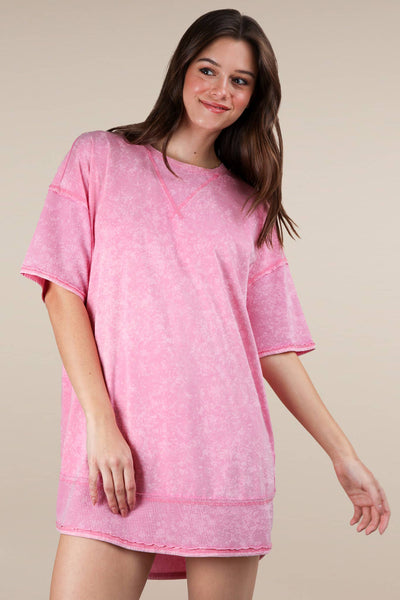 VERY J - ND31645X-PLUS Mineral Washed Comfy Casual Knit Mini Dress: BLACK / 1XL-2XL-3XL/3-2-1