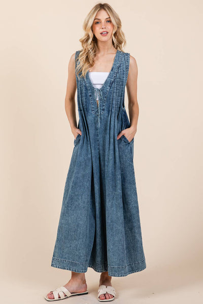 GeeGee Clothing - Denim Pleated Jumpsuit, OR51131: Denim / S