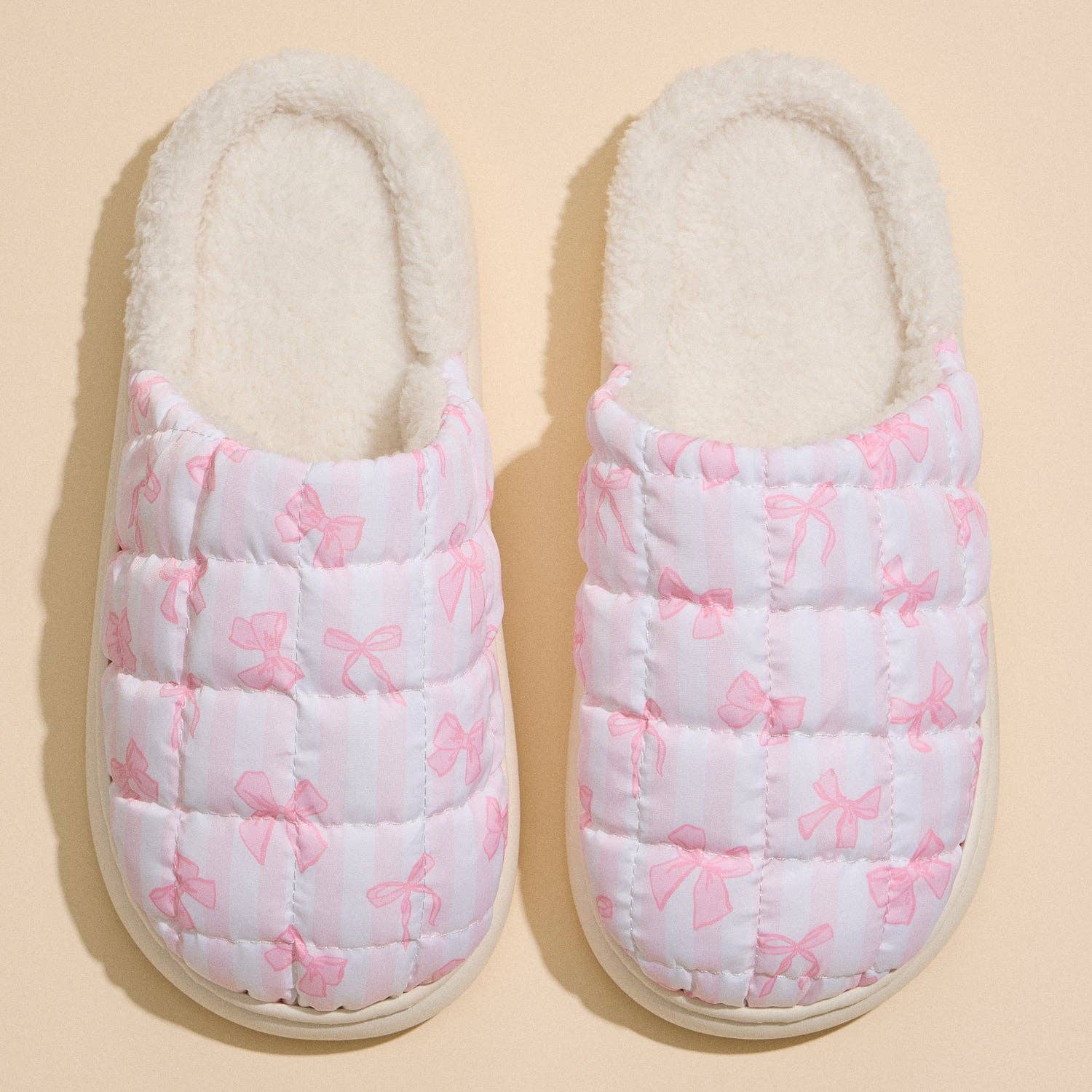 Quilted Puffy Slippers with Pink Bow Print