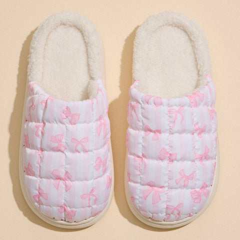 Quilted Puffy Slippers with Pink Bow Print