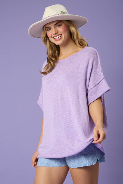 Fantastic Fawn - Short Sleeve Knit Sweater - Preorders: LAVENDER / M