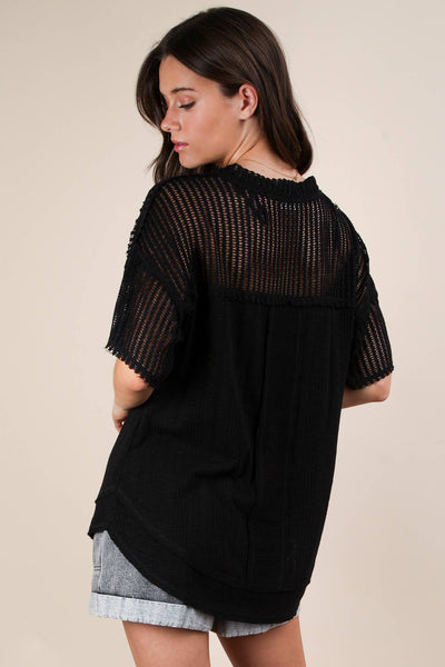 VERY J - NT12088X-PLUS SIZE Oversized Contrast Knit Comfy Casual Top: IVORY / 1XL-2XL-3XL/3-2-1