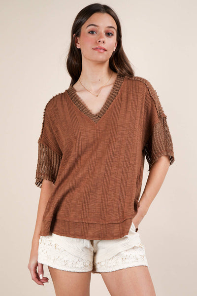 VERY J - NT12088-Oversized Contrast Knit Comfy Casual Top: IVORY / S-M-L/2-2-2