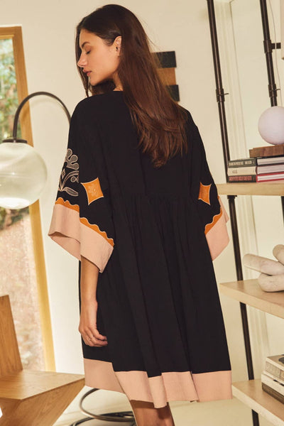 Oddi - Embroidered Plunge V Neck Mini Dress: Olive Combo / M