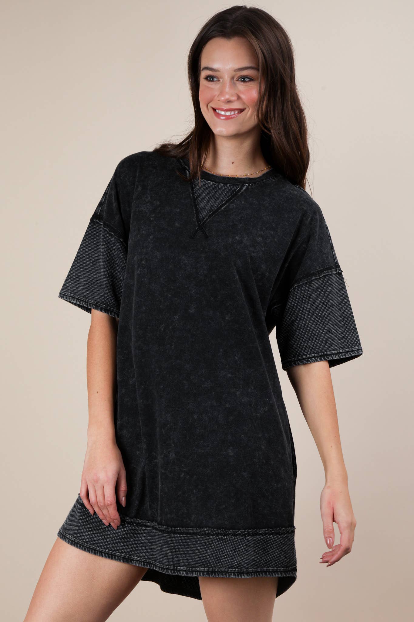 VERY J - ND31645-Mineral Washed Comfy Casual Knit Mini Dress: BLACK / S-M-L/2-2-2