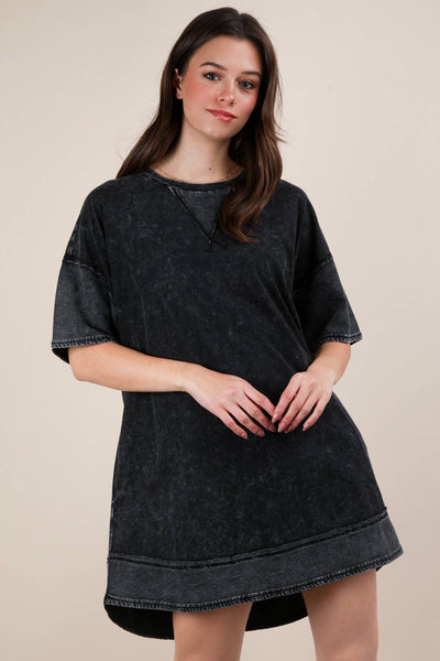 VERY J - ND31645X-PLUS Mineral Washed Comfy Casual Knit Mini Dress: BLACK / 1XL-2XL-3XL/3-2-1