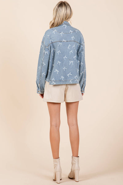 GeeGee Clothing - Ribbon Print Denim Jacket, OJ50833: Denim / S