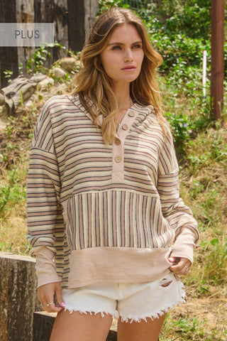 Oddi - Plus Textured Striped Jacquard Hooded Sweatshirt : Ivory Multi / 3XL