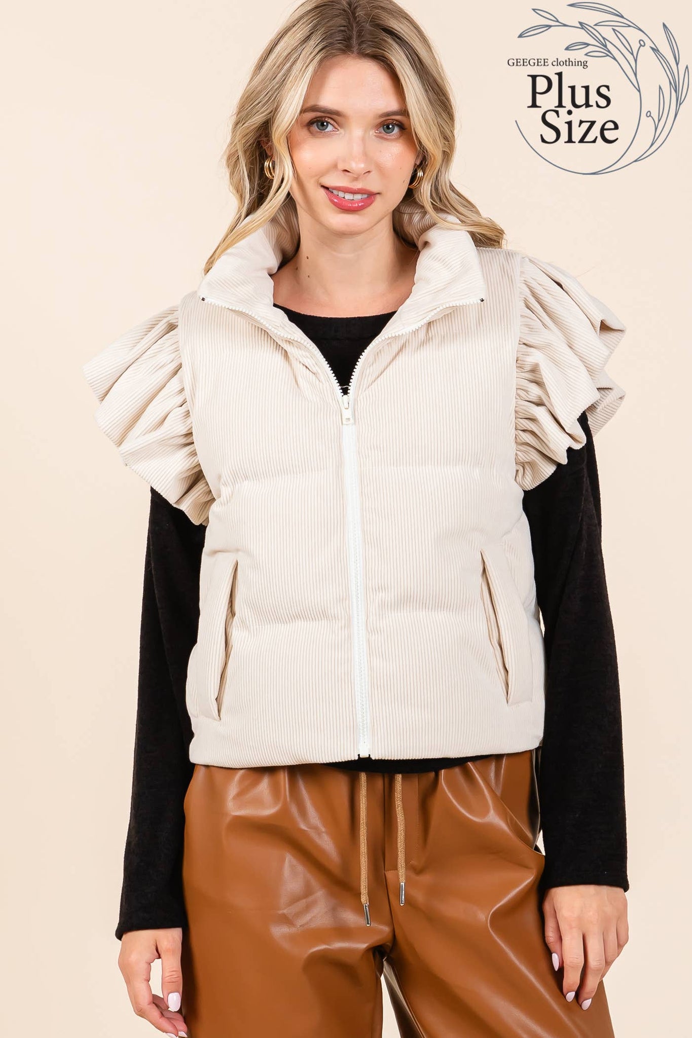 GeeGee Clothing - Plus Corduroy Ruffled Sleeve Puffer Vest, MJ50697PL: Cream / 2XL