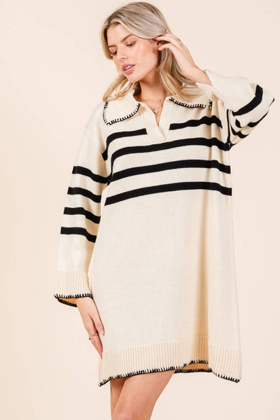 GeeGee Clothing - Stripe Knit Sweater Mini Dress, OD51022: Cream / M