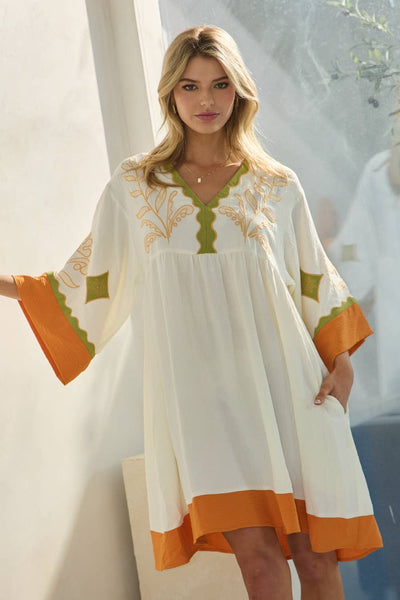 Oddi - Embroidered Plunge V Neck Mini Dress: Olive Combo / S