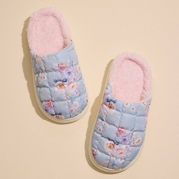 Quilted Puffy Slippers with Floral Print and Pink Lining