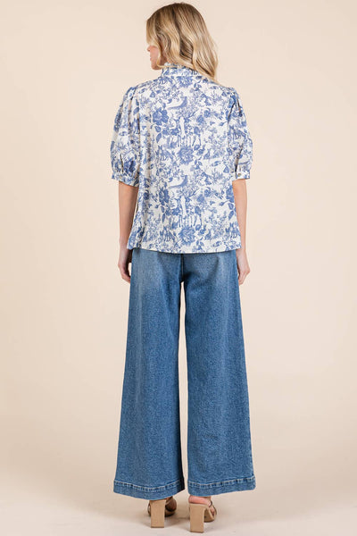 GeeGee Clothing - Nature Half Button-Up Blouse, MT51612: Cream/Blue / M